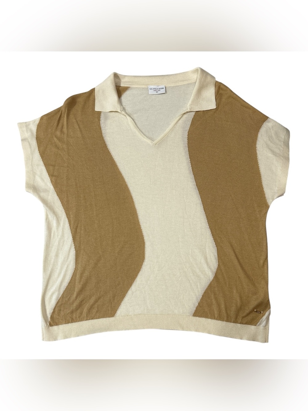 U.S. POLO ASSN. Cream + Camel Knit Polo Sweater Top size M